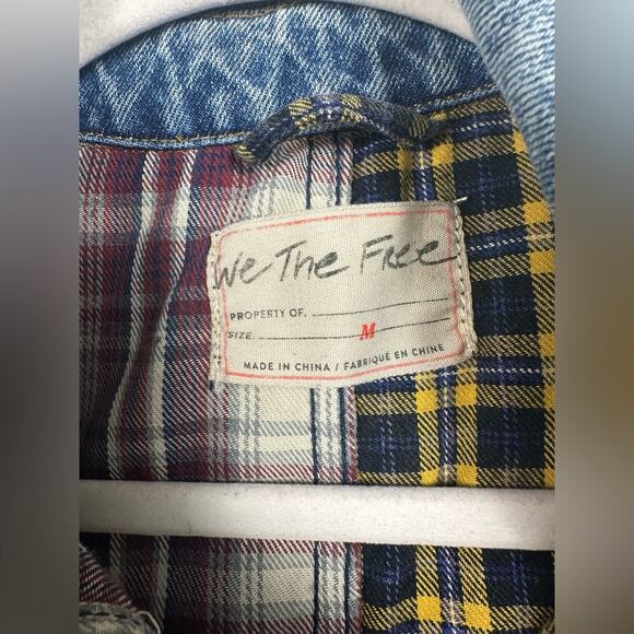 Free People Midi Dress Medium One Of A Kind Denim Mixtape Vest Plaid Front Slit - Picture 7 of 8